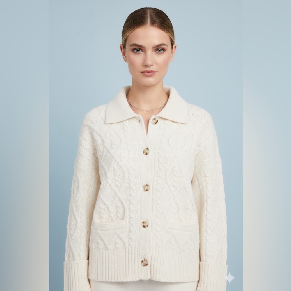 Abercrombie & Fitch Women's Cream Cable - Knit Collared Cardigan